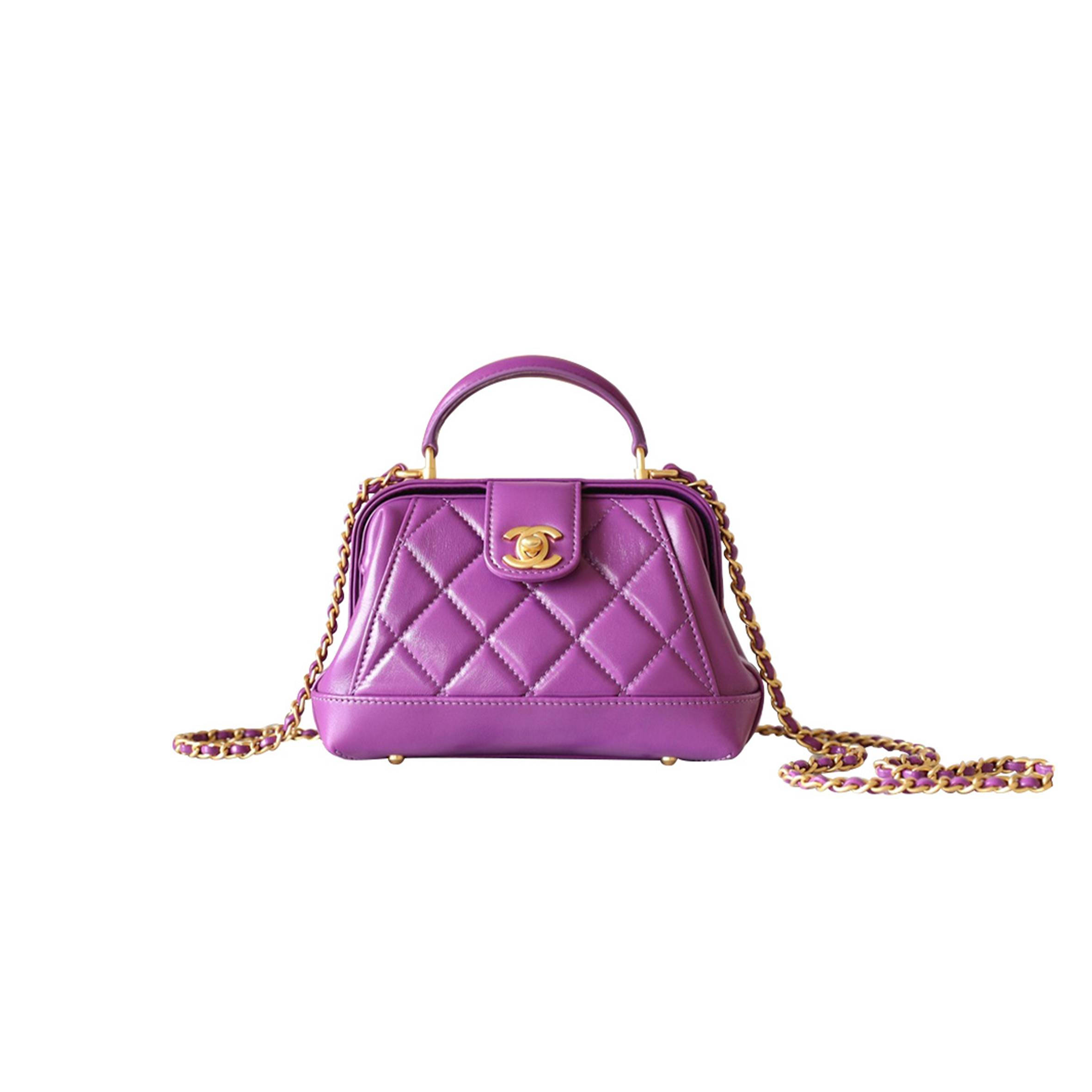 CHANEL MASTER TOPHANDLE MINI BAG SHINY LAMBSKIN AND GOLD METALLIC PURPLE AS4958 (18*12*7cm)